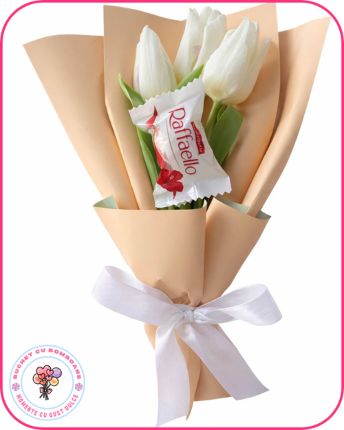buchet-mic-flori-si-bomboane Buchet mic flori și bomboane, cu lalele și bomboane Raffaello, realizat manual