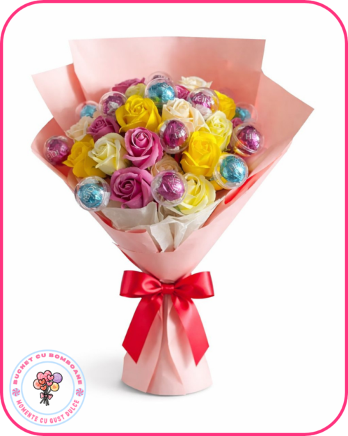 Buchet cu trandafiri și bomboane, cu 25 trandafiri și 15 bomboane Heidi sigilate, realizat manual